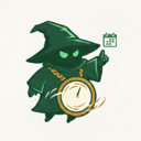 The CalWizz wizard, mid-reading, pocket watch in hand